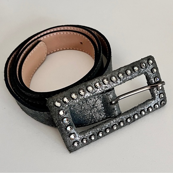 Leatherock Metallic Gunmetal Leather Crystal Buckle Belt, Size 34 - Picture 2 of 6